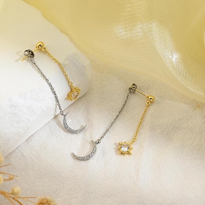 Moon and Star dangle Earrings for Women Chain Tassel with Cubic Zirconia Drop Celestial Jewelry for Wedding Gift