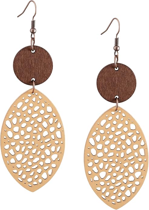 MINACHI Bohemian Hollow Cut-Out Wood Leather Dangle Drop Earrings, Boho Chic Hippie Statement Jewelry Gift for Women