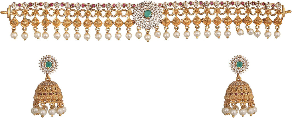 TARINIKA Brass Indian Choker Necklace Set - Gold Plated Cubic Zirconia Indian Jewelry Sets for Women Dangle, Drop, Jhumka Earrings Traditional Desi Necklace Pearls Gift for her