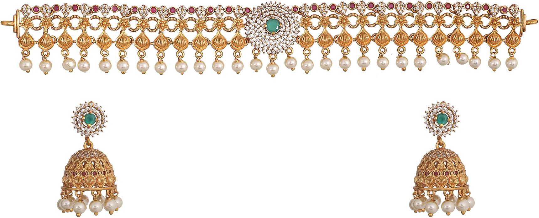 TARINIKA Brass Indian Choker Necklace Set - Gold Plated Cubic Zirconia Indian Jewelry Sets for Women Dangle, Drop, Jhumka Earrings Traditional Desi Necklace Pearls Gift for her