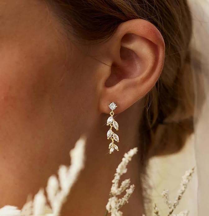 14K Gold Plated Dangle Earrings for Women Dainty Silver Drop Earring Trendy Small Long Dangling Wedding Bridesmaid Hoop Diamond Crystal Cute Earring Jewelry Valentine Gifts
