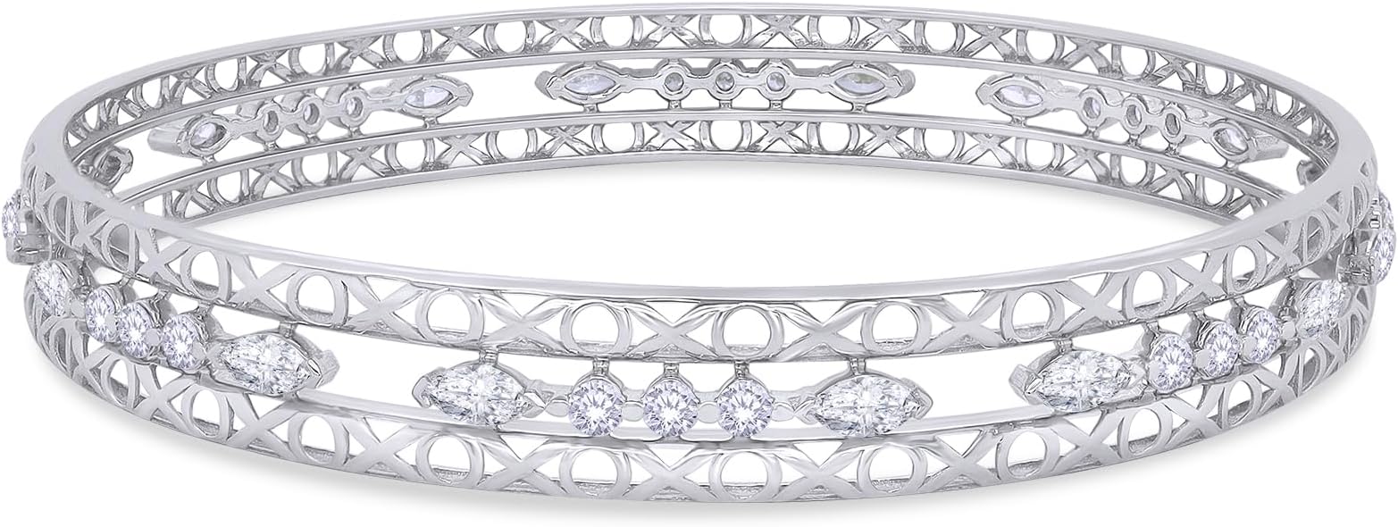 Bangle Bracelets for Women 3.65 Carat (ctw) Marquise And Round Shape Lab Grown Diamond 3-Row Cuff Bangle Bracelets In 14K Gold Over Sterling Silver Jewelry Gifts For Her Size-7.00 to 8.00 Inch