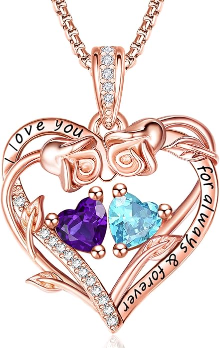 Rose Heart Necklaces for Women, Rose Gold Forever Love Jewelry with 2 Birthstones Pendant,Valentines Anniversarry Birthday Gifts for Her Wife Mom Grandma Daughter, 18+2 Inch Chain