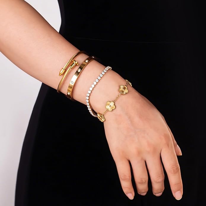 18K Gold Plated Nail Love Bangle Bracelet Set for Women Stackable Floral Clover Adjustable Tennis Bracelet Non Tarnish Gift Jewelry for Christmas Valentines Birthday Mother's Day