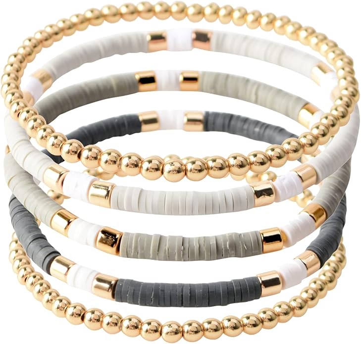 GOOJIDS Surfer Heishi Clay Bead Bracelets for Women Bohemian Stackable Gold Plated Beaded Stretch Bracelets Elastic Layering Friendship Bracelets Set Boho Jewelry