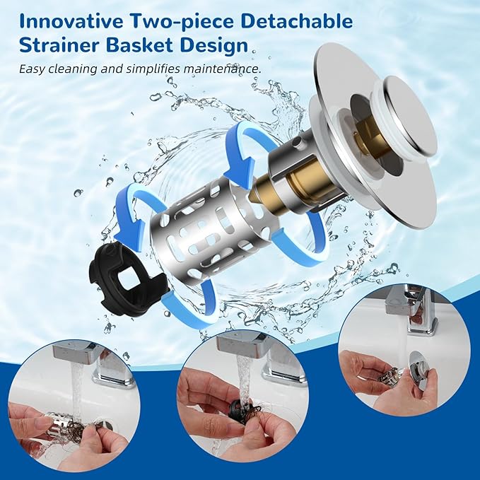 Hibbent 2 PCS Upgraded 3 in 1 Bathroom Sink Drain Strainer, Pop Up Stopper - Image 4