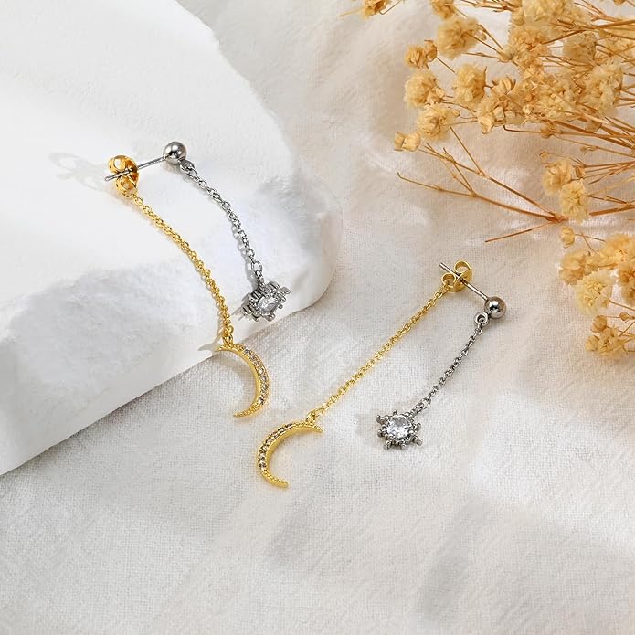 Moon and Star dangle Earrings for Women Chain Tassel with Cubic Zirconia Drop Celestial Jewelry for Wedding Gift