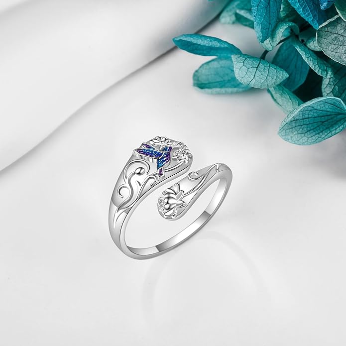 Spoon Rings 925 Sterling Silver Adjustable Hummingbird/Shark/Daisy/Tree Of Life/Dragonfly/Witches Knot/Sea Turtle Ring Thumb Rings Birthday Jewelry Gifts for Women Mother