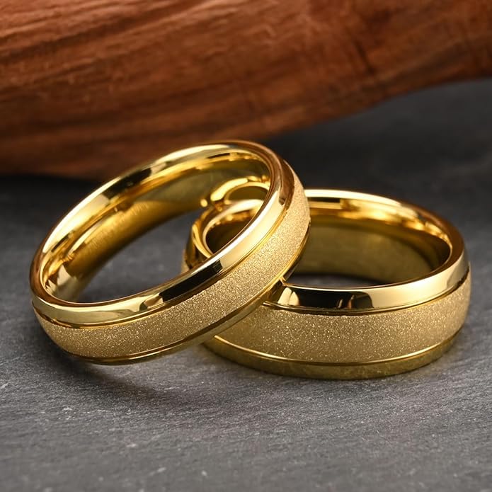 Golden Tungsten Carbide Ring for Men Women 8mm/6mm Sandblasted Inlaid Groove Men's Engagement Wedding Bands Fashionable and Luxurious