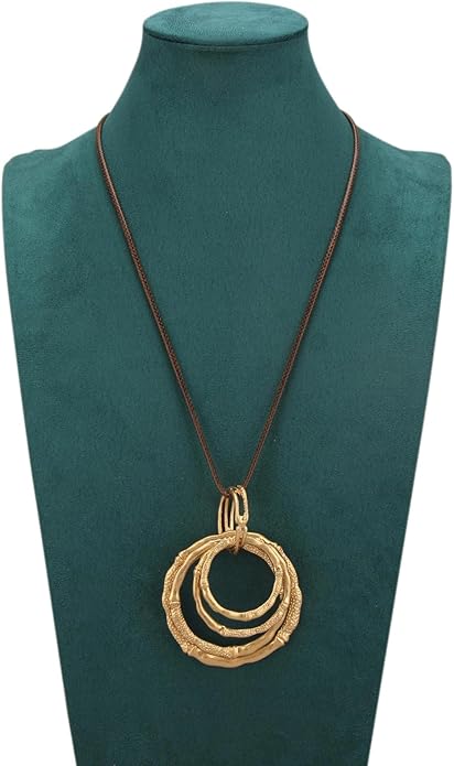 GelConnie Leather Necklace for Women Large Pendant Long Brown Necklace Circle Leather Choker Vintage Sweater Necklace Gold Chunky Boho Necklaces for Women