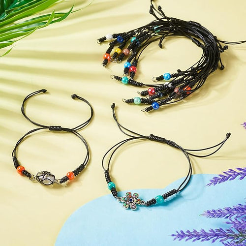 11 Pcs Adjustable Braided Cords Black Waxed Braided Thread Half Finished Bracelet with Porcelain Beads for DIY Women Jewelry Making Friendship Fashion Bangle Accessory