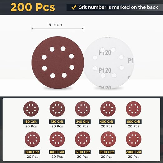 HARFINGTON 200Pcs 5Inch Sanding Disc 8 Hole Hook and Loop Sandpaper Red | - Image 2