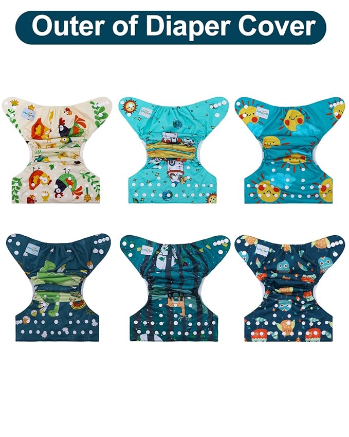 babygoal Cloth Diaper Covers 6 Pack with Wet Bag for Fitted Diapers and Prefolds with Double Gussets, Adjustable and Reusable for Baby Boys 6DCF13-B