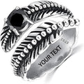 Sterling Silver Feather Ring with Black Onyx & Turquoise - Adjustable Stacking Vintage Statement Ring for Women & Men