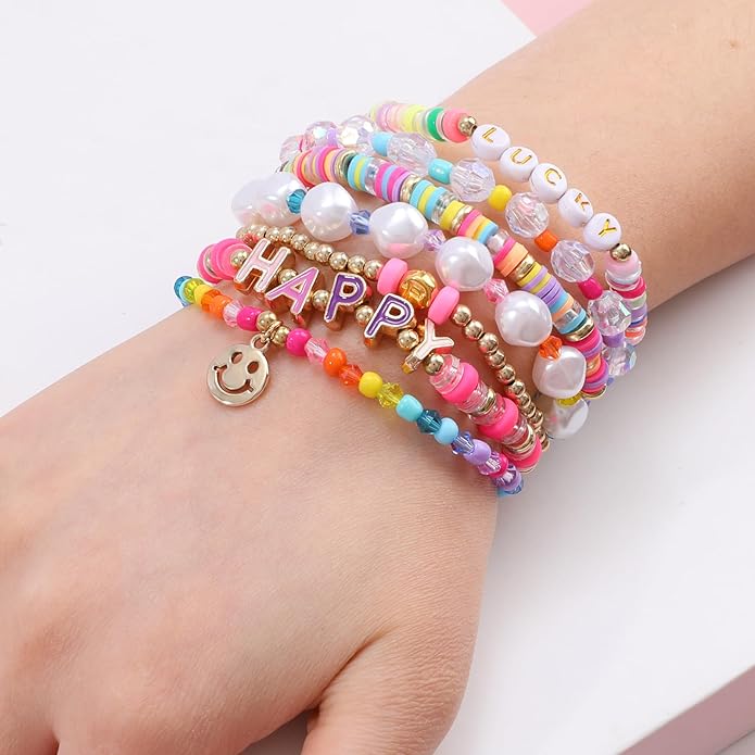 Bohemian Colorful Beaded Bracelets for Women Boho Stackable Natural Stone Letter Clay Glass Beads Stretch Bracelet Set with Charm, Cute Rainbow Friendship Bracelets for Summer Vacation