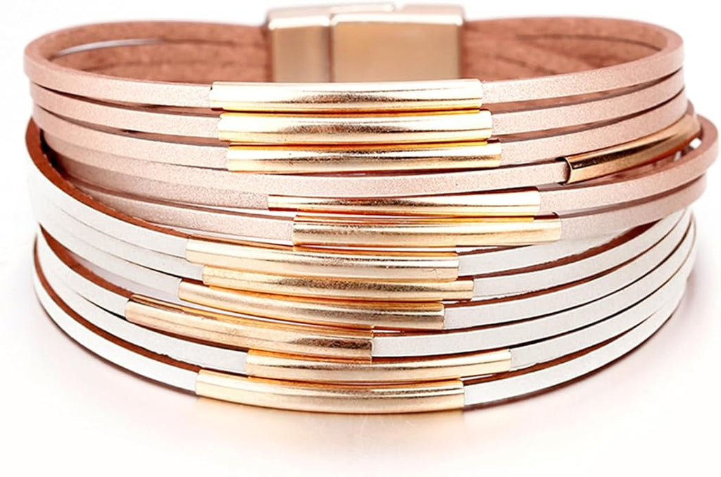 Fesciory Leather Wrap Bracelets for Women, Boho Leopard Multi-Layer Crystal Beads Cuff Bracelet Jewelry