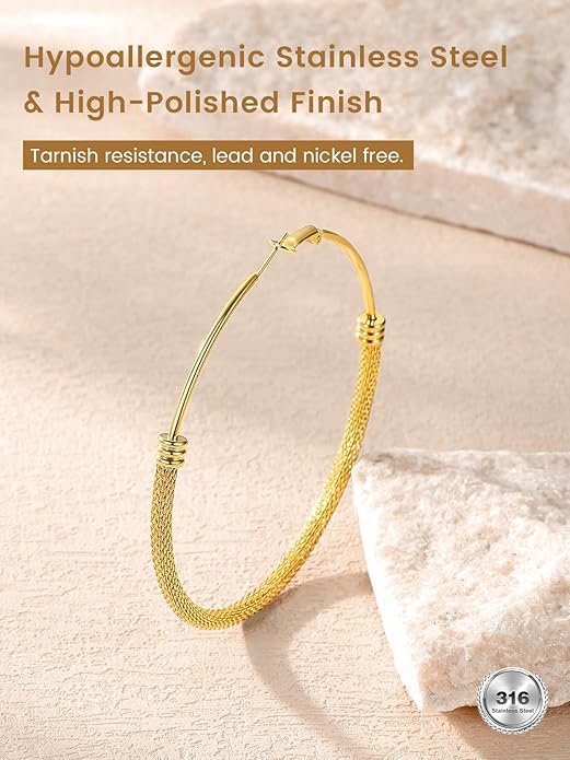 KeyStyle Mesh Hoop Earrings for Women, Stainless Steel Gold Hoops Earring Lightweight Loops, 2MM Thick Hypoallergenic Circle Endless Hollow Hoop 20mm-80mm