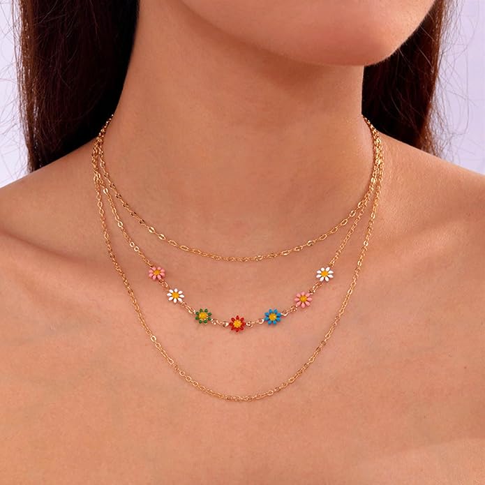 Vintage Layered Colorful Flower Necklace Multi Color Daisy Flower Choker Necklace Gold Rainbow Daisy Necklace Enamel Floral Necklace Chain Jewelry for Women