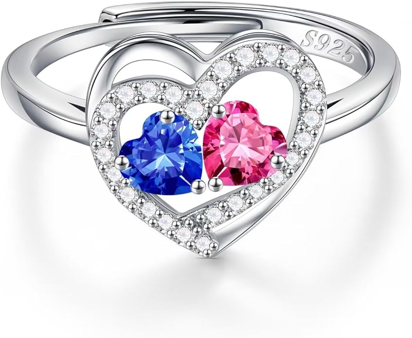 Iefil Adjustable Ring for Women - 925 Sterling Silver Double Birthstone Rings, Anniversary Birthday Gifts for Women Wife Her
