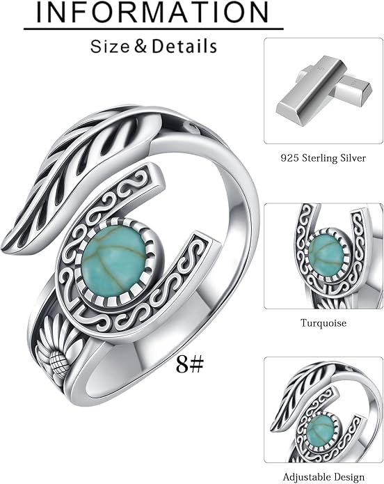 Turquoise/Moss Agate/Moonstone/Black Onyx/Lapis Lazuli/Labradorite/Tiger Eye Feather Ring 925 Sterling Silver Adjustable Ring Western Thumb Rings Vintage Jewelry Gifts for Women