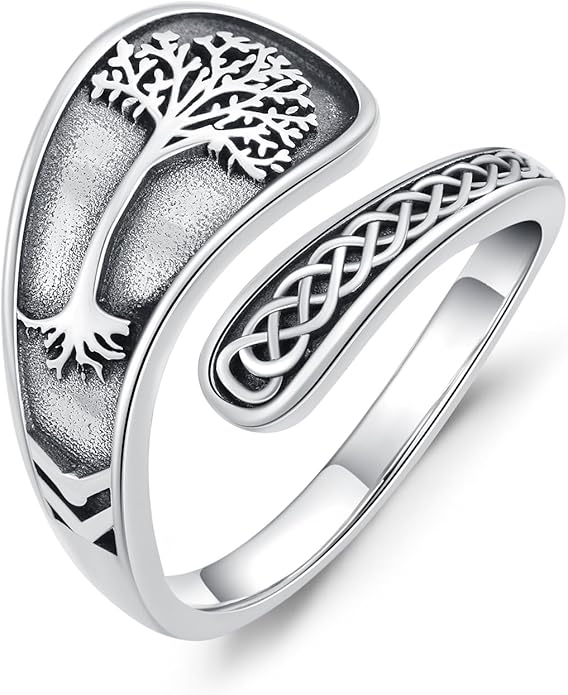 Midari Sun and Moon/Bee/Celtic/Life of Tree/Lotus Spoon Ring for Women 925 Sterling Silver Adjustable Ring Open Ring for Women Men Halloween Birthday Gift