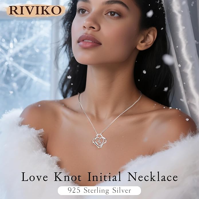 RIVIKO Valentines Day Gifts for Her-Love Knot Initial Necklace,925 Sterling Silver Letter Pendant Necklaces,Personalized Alphabet Jewelry Christmas Birthday Gifts for Women Wife Mom Friend