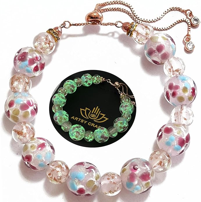 ARTSY Crafts Lily Garden Glow in the Dark Firefly Bead Bracelets Necklaces, Handmade in USA Murano Glass Jewelry, Flower Luminous Beads Mermaid Crystal Bracelet Bangle