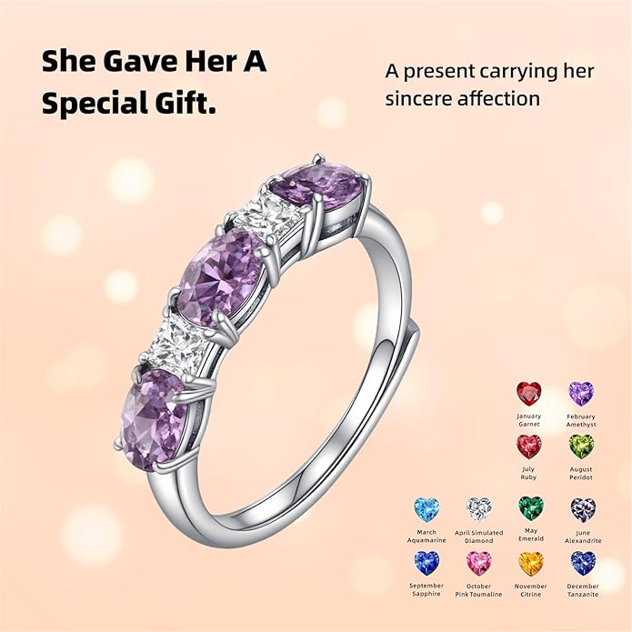 925 Sterling Silver Birthstone Rings for Women - Adjustable Size Women Jewelry Birthday Gifts for Girlfriend,Wife,Mom