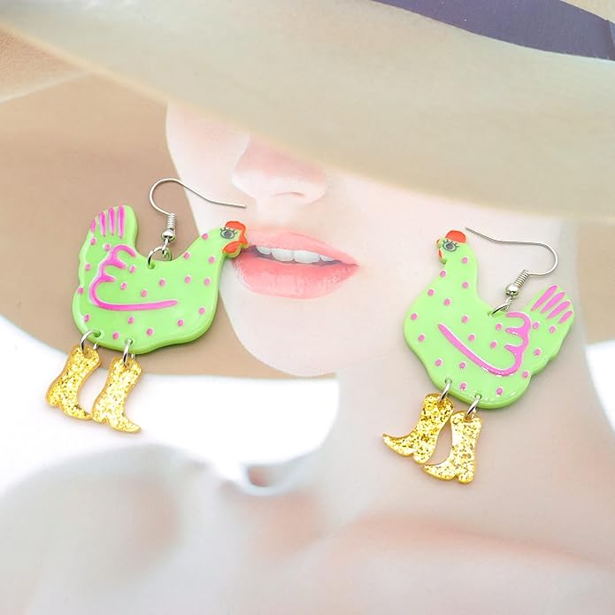 Acrylic Boot Big Chicken Earrings,Funny Colorful Boots Chicken Drop Dangle Earrings,Cock Hen Foot Chicken Earrings for Women Farm Design Lovely Gift