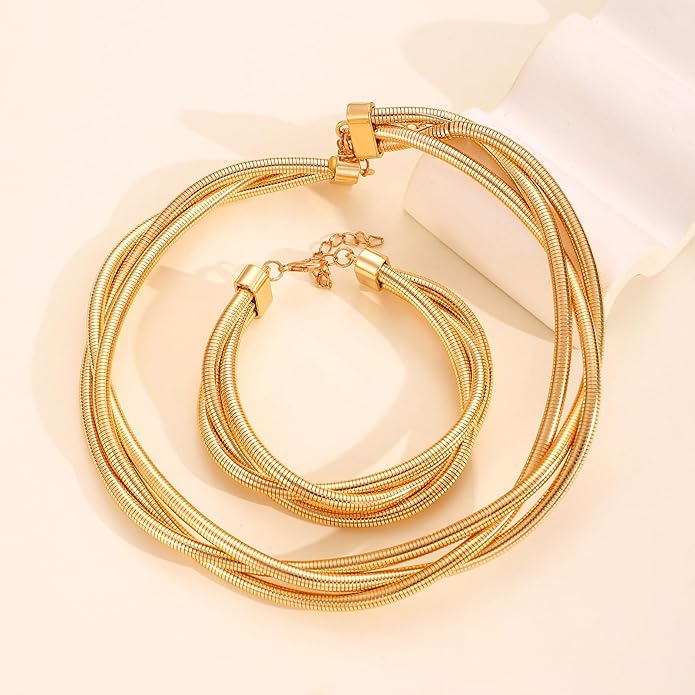 YBMYCM Chunky Gold-plated Silver Jewelry Set Multi Strands Stainless Steel Choker Necklace Bracelet Set for Women