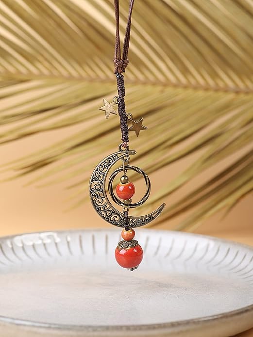 MINACHI Vintage Bohemian Hippie Ceramic Beads Crescent Moon Lariat Necklace, Boho Hippie Statement Jewelry Gift for Women