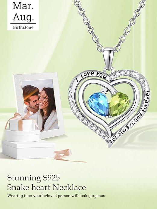 Valentine's Day Gifts for Wife 925 Sterling Silver Double Birthstone Pendant Necklaces I Love You for Always and Forever Necklace Anniversary Birthday Gifts for Wife Girlfriend Mom Her