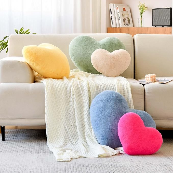 Hot Pink Heart Pillows, Cute Heart Decorative Pillow, Heart Shaped Throw Pillows for Bed, Faux Rabbit Fur Plush Hoom Decor Pillow Cushion for Chair Sofa Living Room (Mini 12.9" x 9.8")