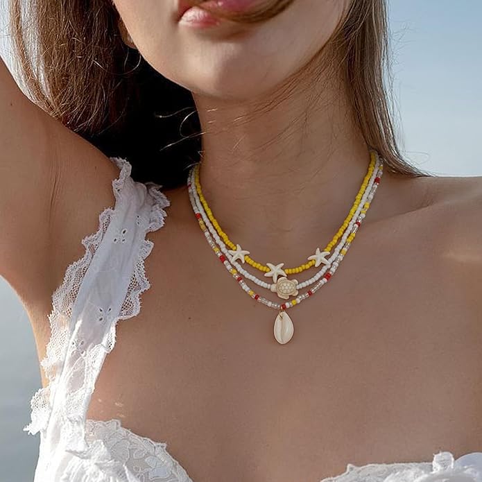 Women's Shell Starfish Boho Layered Beaded Necklace Choker for Summer Beach Vacation Gifts for Birthday/Anniversary/Christmas
