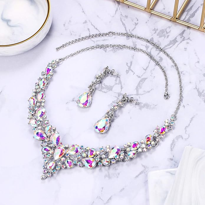 BriLove Women's Wedding Bridal Austrian Crystal Teardrop Cluster Statement Necklace Dangle Earrings Jewelry Set