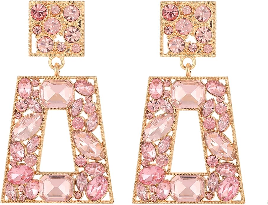 Rhinestone Rectangle Statement Earrings Colorful Crystal Geometric Drop Dangle Earrings for Women Prom Party