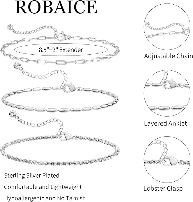 Ankle Bracelets for Women, Glitter Waterproof Adjustable Anklet for Women, 14K Gold Plated/Sterling Silver Layered Anklets, Summer Beach Anklet Jewelry for Women Gift