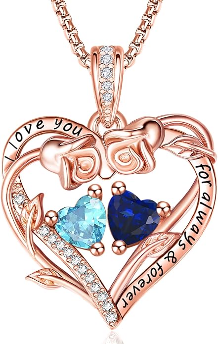 Rose Heart Necklaces for Women, Rose Gold Forever Love Jewelry with 2 Birthstones Pendant,Valentines Anniversarry Birthday Gifts for Her Wife Mom Grandma Daughter, 18+2 Inch Chain