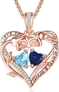 Rose Heart Necklaces for Women, Rose Gold Forever Love Jewelry with 2 Birthstones Pendant,Valentines Anniversarry Birthday Gifts for Her Wife Mom Grandma Daughter, 18+2 Inch Chain