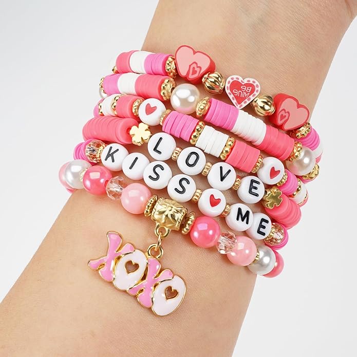 Beaded Bracelet for Women Pink Love Heart Stretch Bracelets Accessories