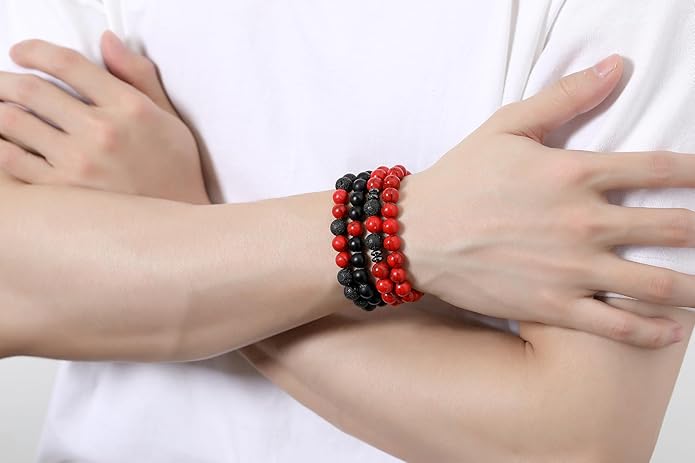 XIANNVXI Natural Stone Beads Bracelet for Men Crystal Bracelets 8MM Tiger Eye Lava Rock Obsidian Beaded Bracelet Set Black/Red/Blue Crystal Beaded Bracelets for Men