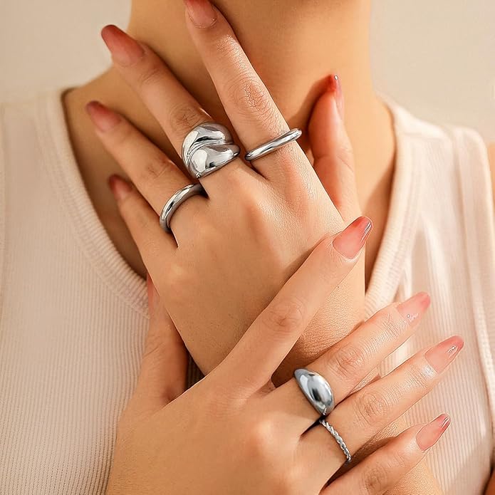 MIFYNN Chunky Gold Rings for Women Gold Silver Adjustable Thick Ring Fashion Statement Ring Open Dome Ring Chunky Silver Rings Geometric Curved Minimalist Simple Rings