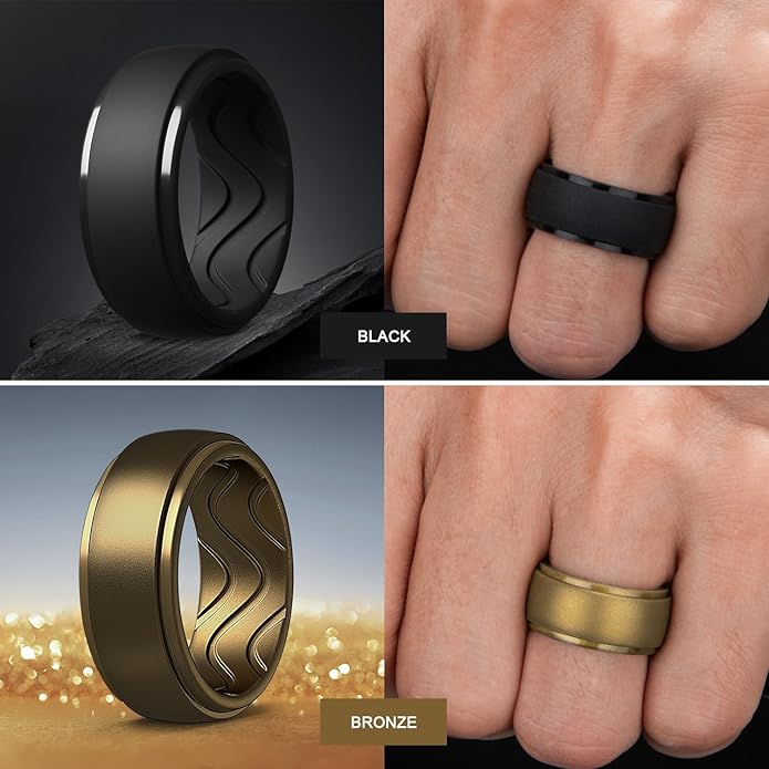 Egnaro Men's Silicone Rings 10mm Wide 2.5mm Thick, Rubber Wedding Bands with Inner Arc Ergonomic Breathable Design, 1/4/5/7 Variety Multipack