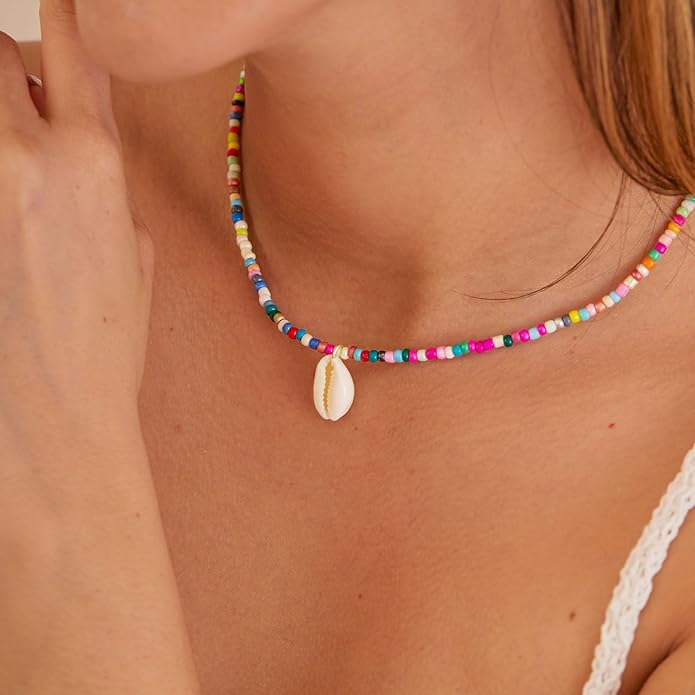 VRIUA Colorful Beaded Necklaces for Women – Summer Beach Boho Starfish, Conch, Shell, Pearl, Palm tree Pendant Necklace Jewelry