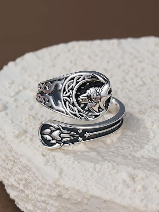 Midari Sun and Moon/Bee/Celtic/Life of Tree/Lotus Spoon Ring for Women 925 Sterling Silver Adjustable Ring Open Ring for Women Men Halloween Birthday Gift