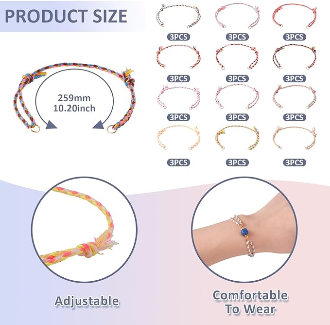 36Pcs Adjustable Braided Cord Bracelets Bracelet String with Clasp,10-1/4 Inch Colorful Polycotton Adjustable Bracelets,Thread Half Finished Bracelet for Wrist DIY Women Jewelry Making