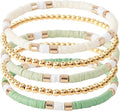 GOOJIDS Surfer Heishi Clay Bead Bracelets for Women Bohemian Stackable Gold Plated Beaded Stretch Bracelets Elastic Layering Friendship Bracelets Set Boho Jewelry