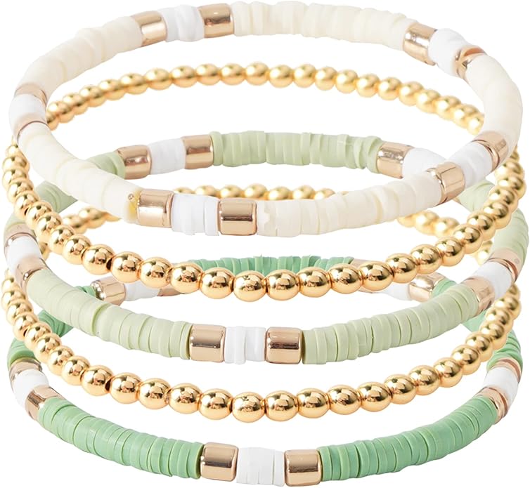GOOJIDS Surfer Heishi Clay Bead Bracelets for Women Bohemian Stackable Gold Plated Beaded Stretch Bracelets Elastic Layering Friendship Bracelets Set Boho Jewelry