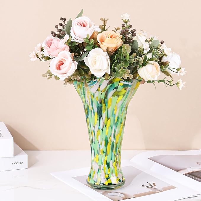 9.0" H Green Glass Vases for Flower, Unique Hand Blown Glass Vase | Wide Mouth - Image 7