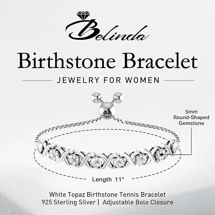 Birthstone Bangle Bracelet for Women Classic Beautiful 925 Sterling Silver Sparkling Gemstone XO Bolo Tennis Bracelet Fine Wrist Jewelry 4.2 Ct, 11"